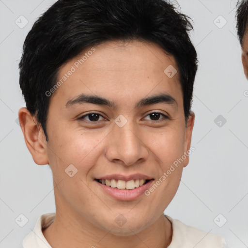 Joyful latino young-adult male with short  brown hair and brown eyes