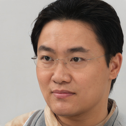 Joyful asian adult male with short  brown hair and brown eyes