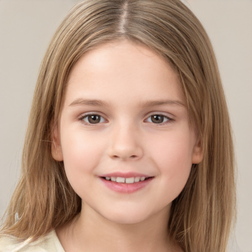 Joyful white child female with medium  brown hair and brown eyes