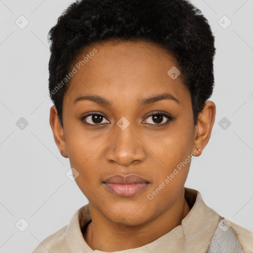 Neutral black young-adult female with short  black hair and brown eyes