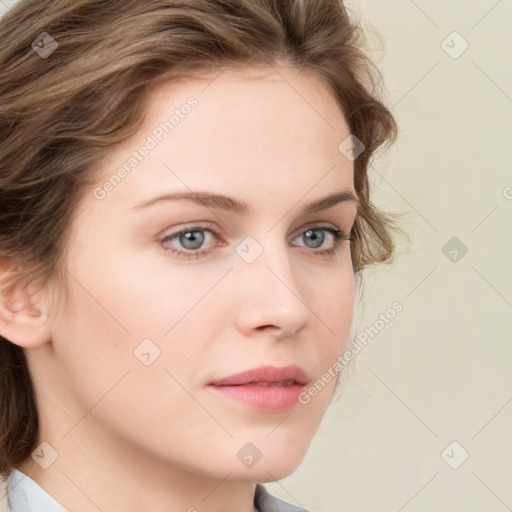 Neutral white young-adult female with medium  brown hair and grey eyes