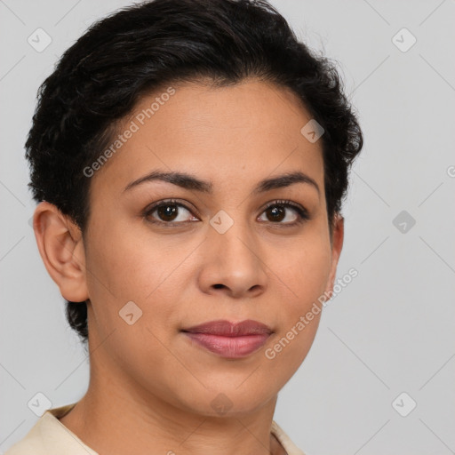 Joyful latino young-adult female with short  brown hair and brown eyes