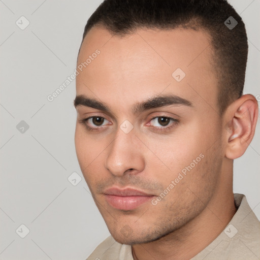 Neutral white young-adult male with short  brown hair and brown eyes