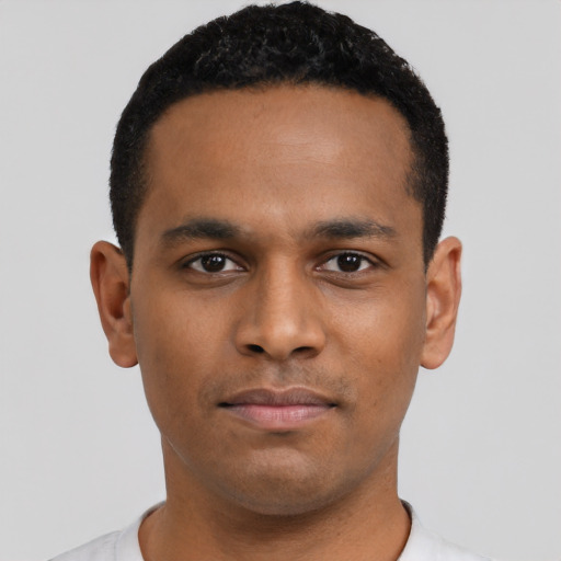 Neutral black young-adult male with short  black hair and brown eyes