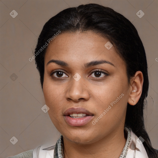 Joyful latino young-adult female with medium  black hair and brown eyes