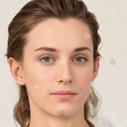 Neutral white young-adult female with medium  brown hair and grey eyes