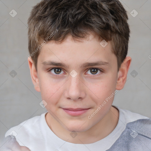 Joyful white child male with short  brown hair and brown eyes