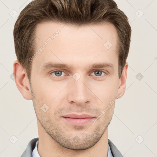 Neutral white young-adult male with short  brown hair and grey eyes