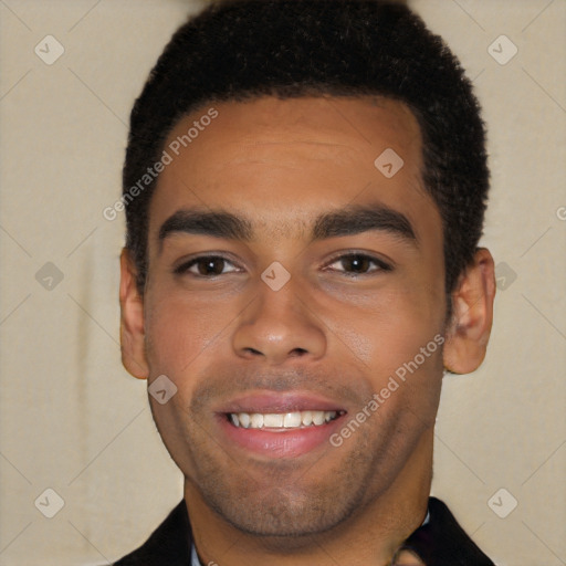 Joyful white young-adult male with short  black hair and brown eyes