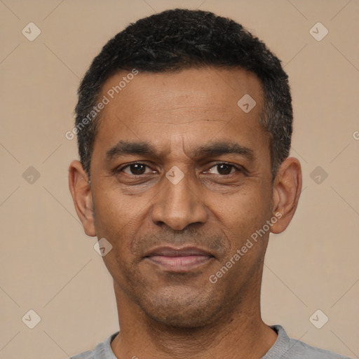 Joyful latino adult male with short  black hair and brown eyes
