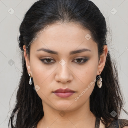 Neutral asian young-adult female with long  brown hair and brown eyes