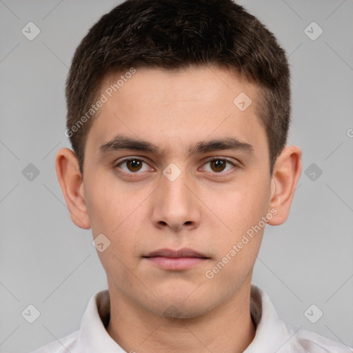 Neutral white young-adult male with short  brown hair and brown eyes