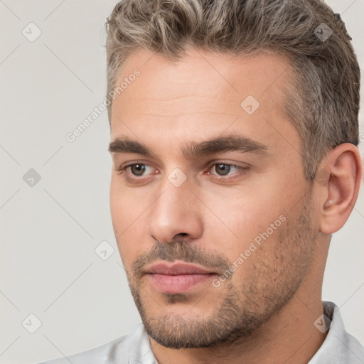 Neutral white young-adult male with short  brown hair and brown eyes