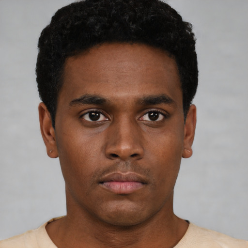 Neutral black young-adult male with short  black hair and brown eyes