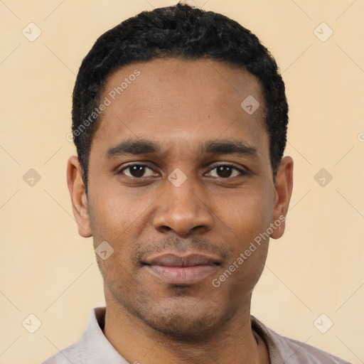 Neutral latino young-adult male with short  black hair and brown eyes