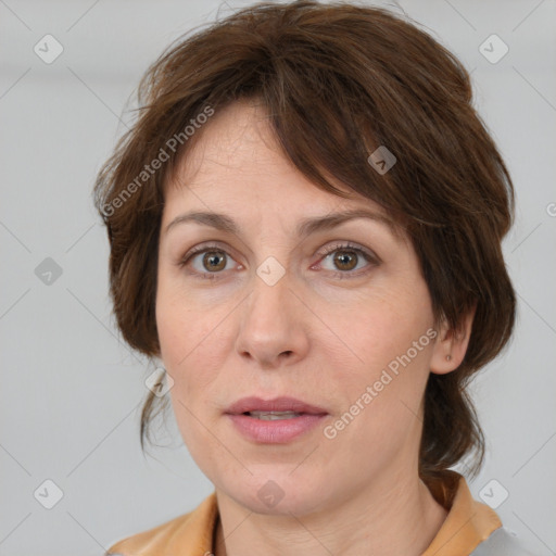 Neutral white adult female with medium  brown hair and brown eyes