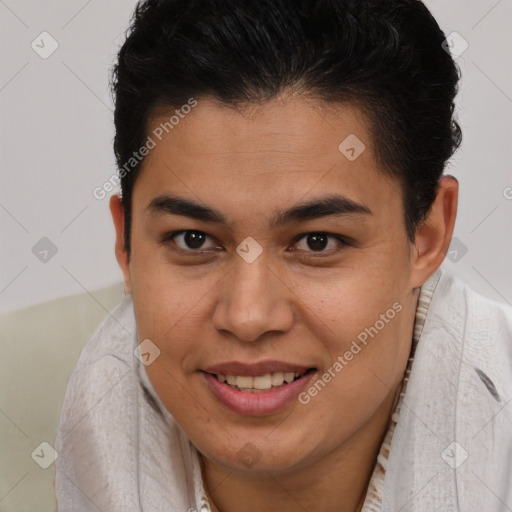 Joyful latino young-adult female with short  brown hair and brown eyes