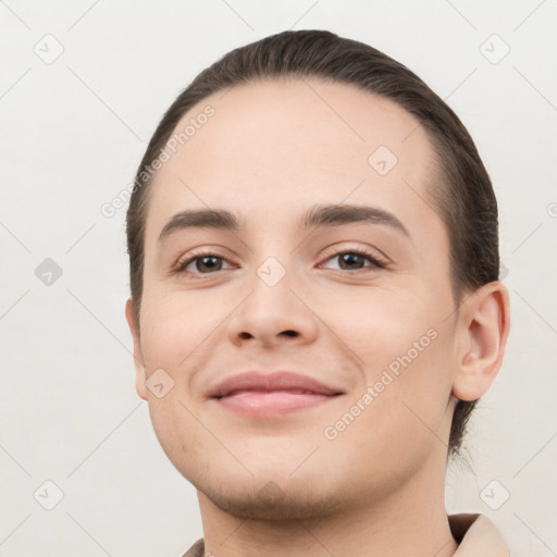 Joyful white young-adult female with short  brown hair and brown eyes