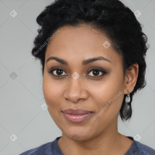 Joyful latino young-adult female with short  black hair and brown eyes