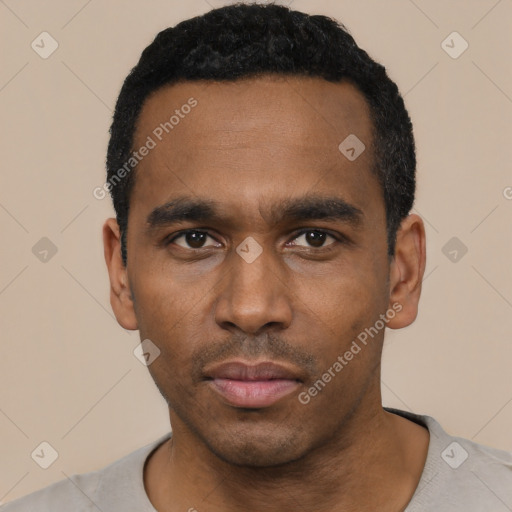 Neutral black young-adult male with short  black hair and brown eyes
