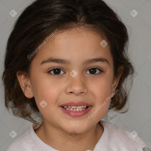 Joyful white child female with medium  brown hair and brown eyes