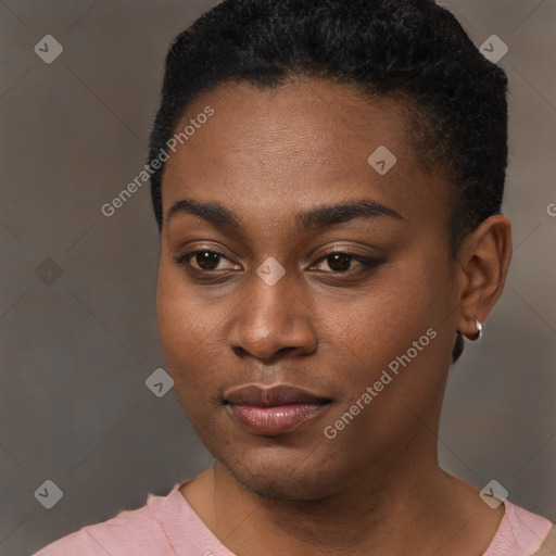 Joyful black young-adult female with short  black hair and brown eyes