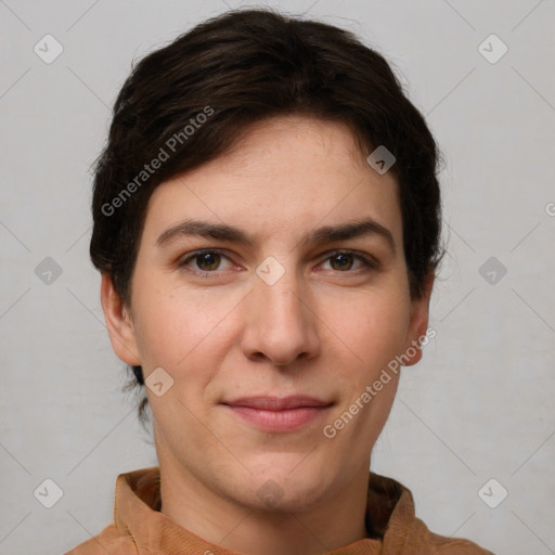 Joyful white young-adult female with short  brown hair and brown eyes