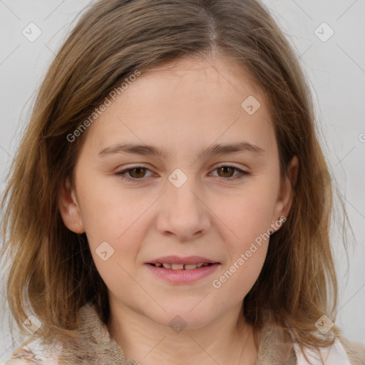 Joyful white child female with medium  brown hair and brown eyes