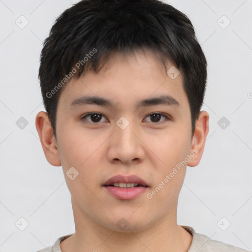 Neutral asian young-adult male with short  black hair and brown eyes
