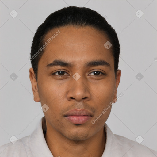 Neutral latino young-adult male with short  black hair and brown eyes