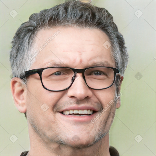 Joyful white middle-aged male with short  brown hair and brown eyes