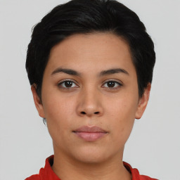 Neutral asian young-adult female with short  black hair and brown eyes