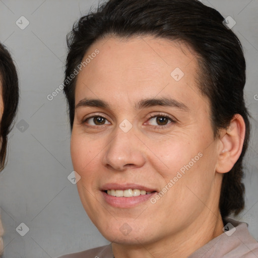 Joyful white adult female with medium  brown hair and brown eyes