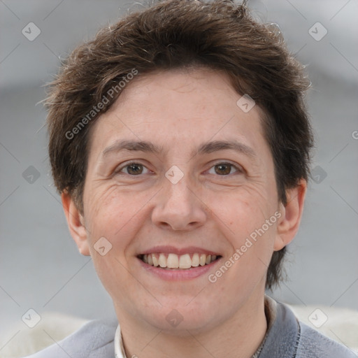 Joyful white adult female with short  brown hair and grey eyes