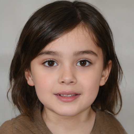 Joyful white child female with medium  brown hair and brown eyes