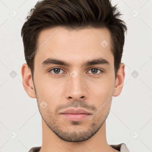 Neutral white young-adult male with short  brown hair and brown eyes