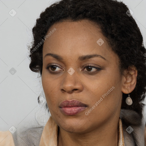 Joyful black adult female with long  black hair and brown eyes