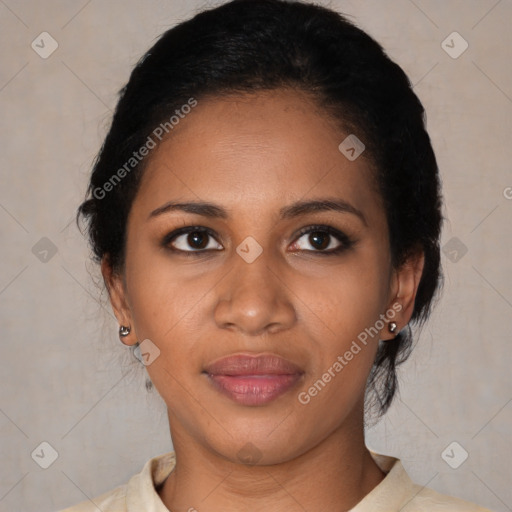 Joyful black young-adult female with medium  black hair and brown eyes