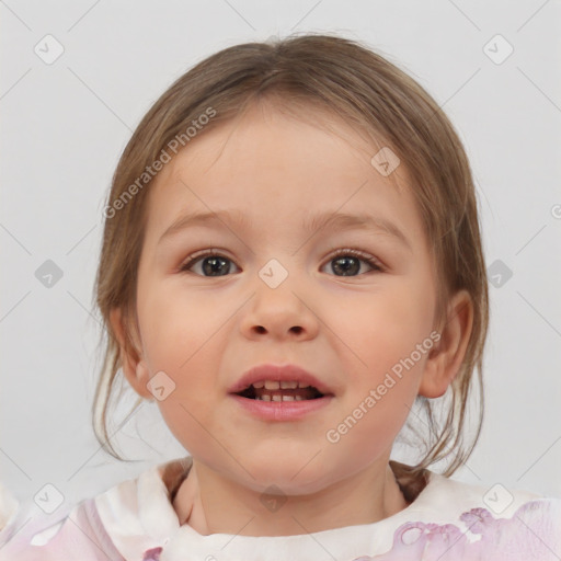 Joyful white child female with medium  brown hair and brown eyes