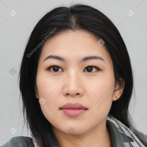 Neutral asian young-adult female with medium  black hair and brown eyes