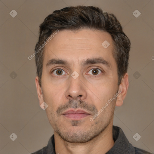 Neutral white adult male with short  brown hair and brown eyes