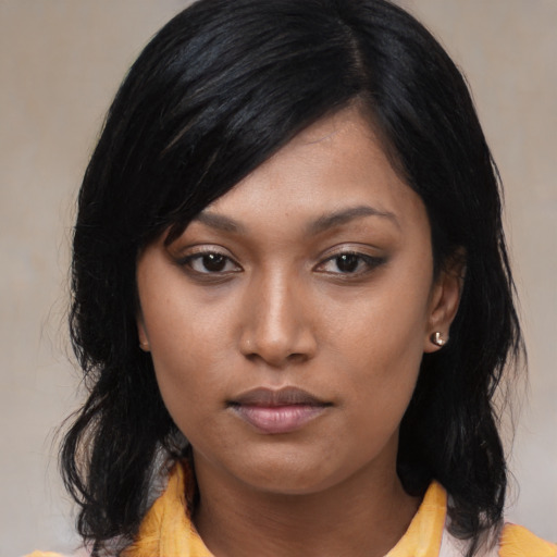 Neutral asian young-adult female with medium  black hair and brown eyes