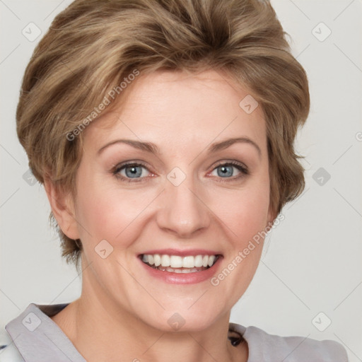 Joyful white young-adult female with medium  brown hair and blue eyes