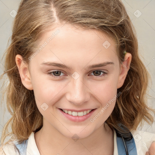 Joyful white child female with medium  brown hair and brown eyes