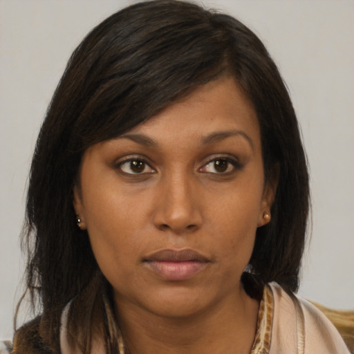 Neutral asian young-adult female with medium  brown hair and brown eyes