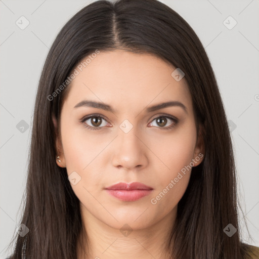 Neutral white young-adult female with long  brown hair and brown eyes