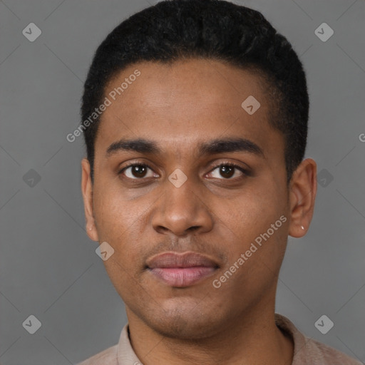 Neutral latino young-adult male with short  black hair and brown eyes