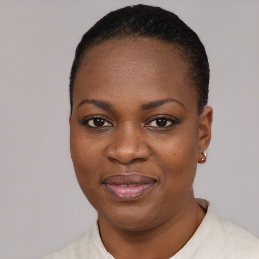 Joyful black young-adult female with short  black hair and brown eyes