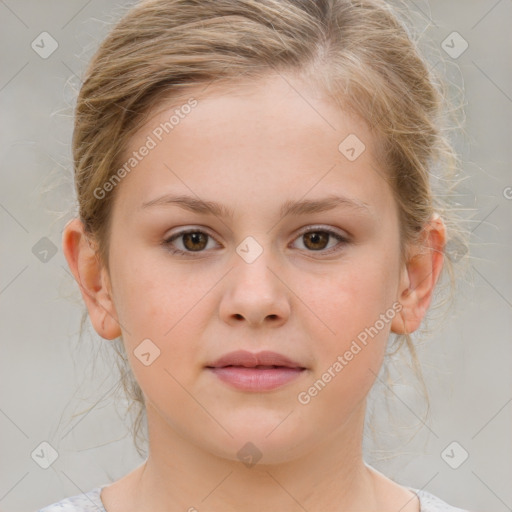 Joyful white child female with medium  brown hair and brown eyes