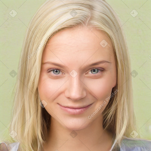 Joyful white young-adult female with medium  brown hair and blue eyes